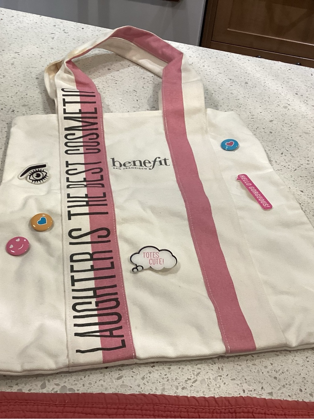 Benefit White Tote with Pink Straps and Accents